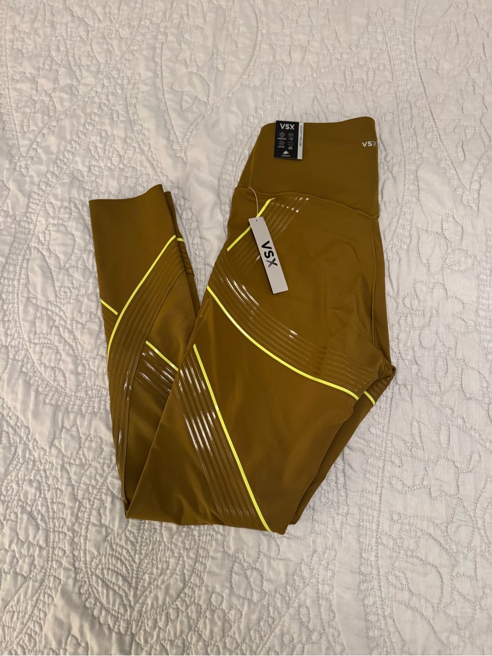 Victoria Secret VSX Olive Green Leggings with Neon Yellow Accents